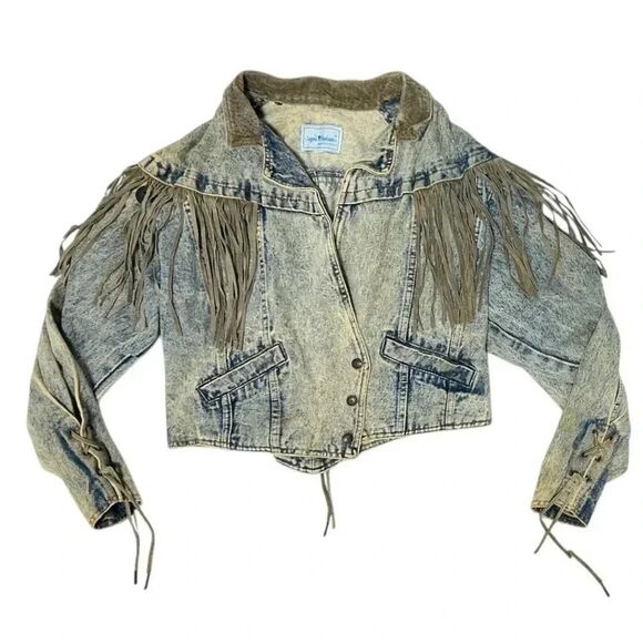 Vintage Jackets & Blazers - Vintage 80’s Sergio Valente Acid Wash Cropped Fringe Denim Moto Jacket